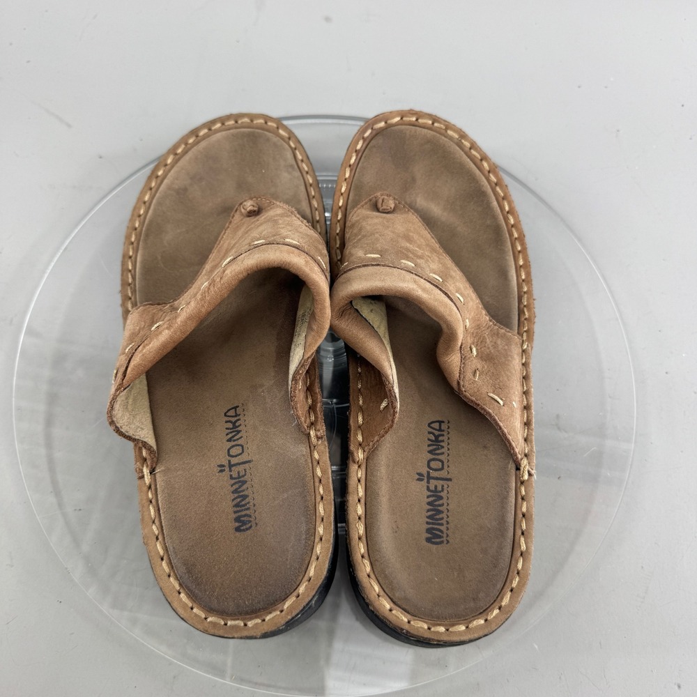 Minnetonka Women Leather Thong Sandals Flip Flops Stitch Detail Brown Size 8 - Picture 4 of 9